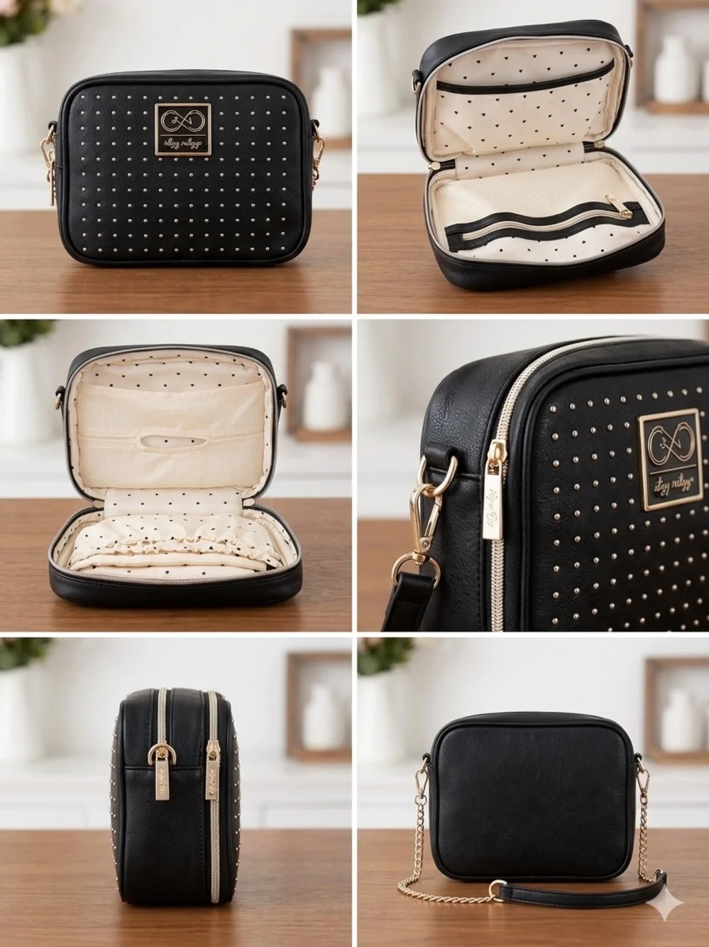 Itzy Ritzy Small Black Studded Crossbody Bag with Gold Hardware